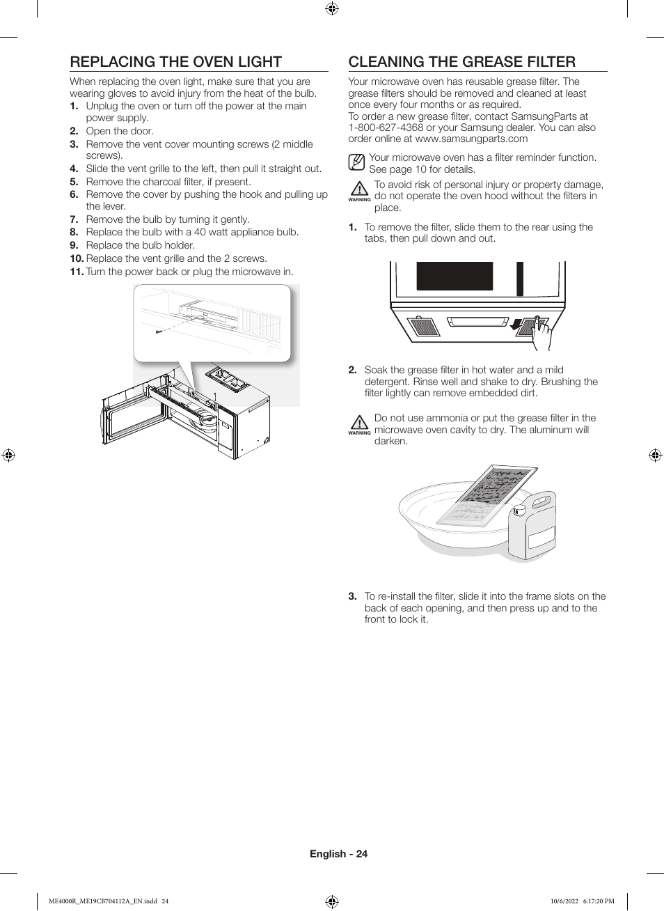 Replacing the oven light, Cleaning the grease filter | Samsung BESPOKE 1.9 cu. ft. Over-the-Range Smart Microwave Oven Owners Guide User Manual | Page 24 / 96