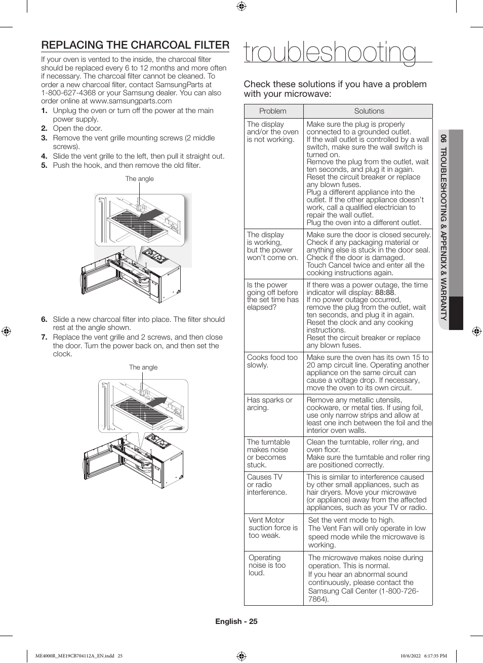 Troubleshooting, Replacing the charcoal filter | Samsung BESPOKE 1.9 cu. ft. Over-the-Range Smart Microwave Oven Owners Guide User Manual | Page 25 / 96