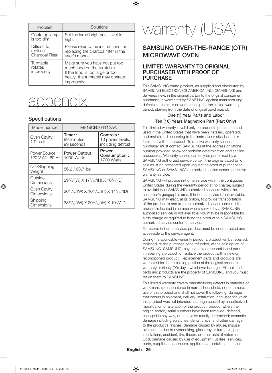 Appendix, Warranty (usa), Samsung over-the-range (otr) microwave oven | Specifications | Samsung BESPOKE 1.9 cu. ft. Over-the-Range Smart Microwave Oven Owners Guide User Manual | Page 26 / 96