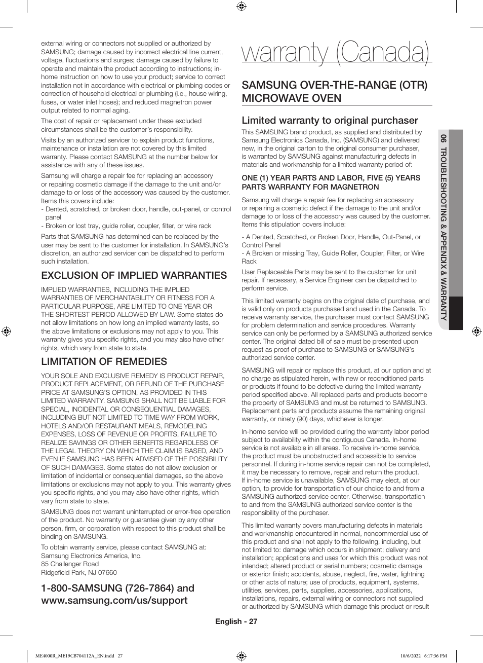 Warranty (canada), Samsung over-the-range (otr) microwave oven, Exclusion of implied warranties | Limitation of remedies, Limited warranty to original purchaser | Samsung BESPOKE 1.9 cu. ft. Over-the-Range Smart Microwave Oven Owners Guide User Manual | Page 27 / 96