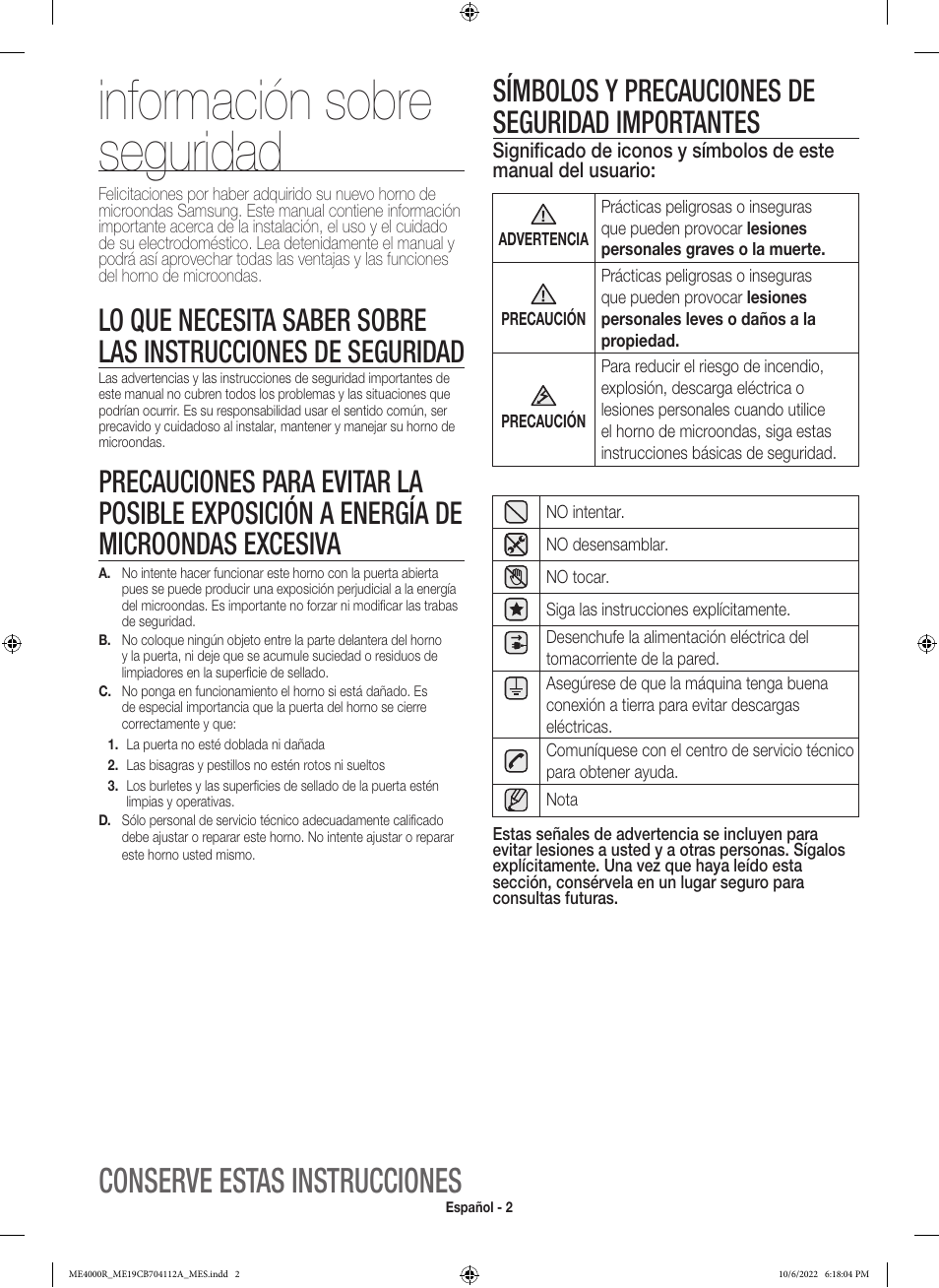 Información sobre seguridad, Conserve estas instrucciones, Símbolos y precauciones de seguridad importantes | Samsung BESPOKE 1.9 cu. ft. Over-the-Range Smart Microwave Oven Owners Guide User Manual | Page 34 / 96