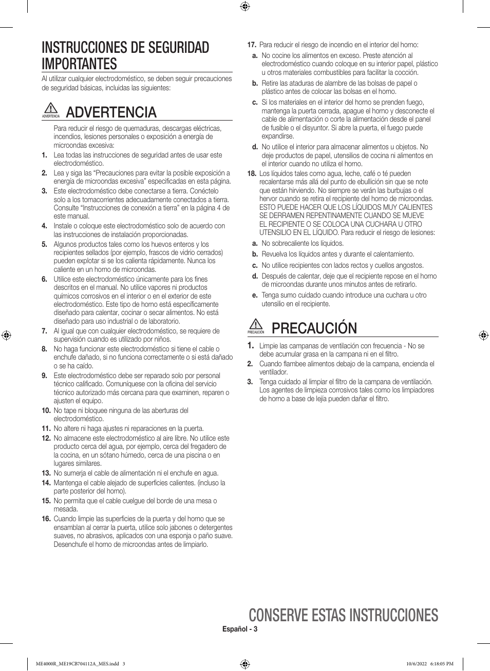 Conserve estas instrucciones, Instrucciones de seguridad importantes, Advertencia | Precaución | Samsung BESPOKE 1.9 cu. ft. Over-the-Range Smart Microwave Oven Owners Guide User Manual | Page 35 / 96