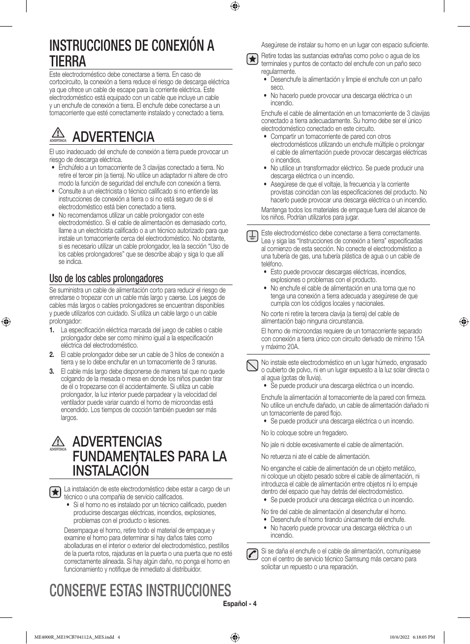 Conserve estas instrucciones, Instrucciones de conexión a tierra, Advertencia | Advertencias fundamentales para la instalación, Uso de los cables prolongadores | Samsung BESPOKE 1.9 cu. ft. Over-the-Range Smart Microwave Oven Owners Guide User Manual | Page 36 / 96