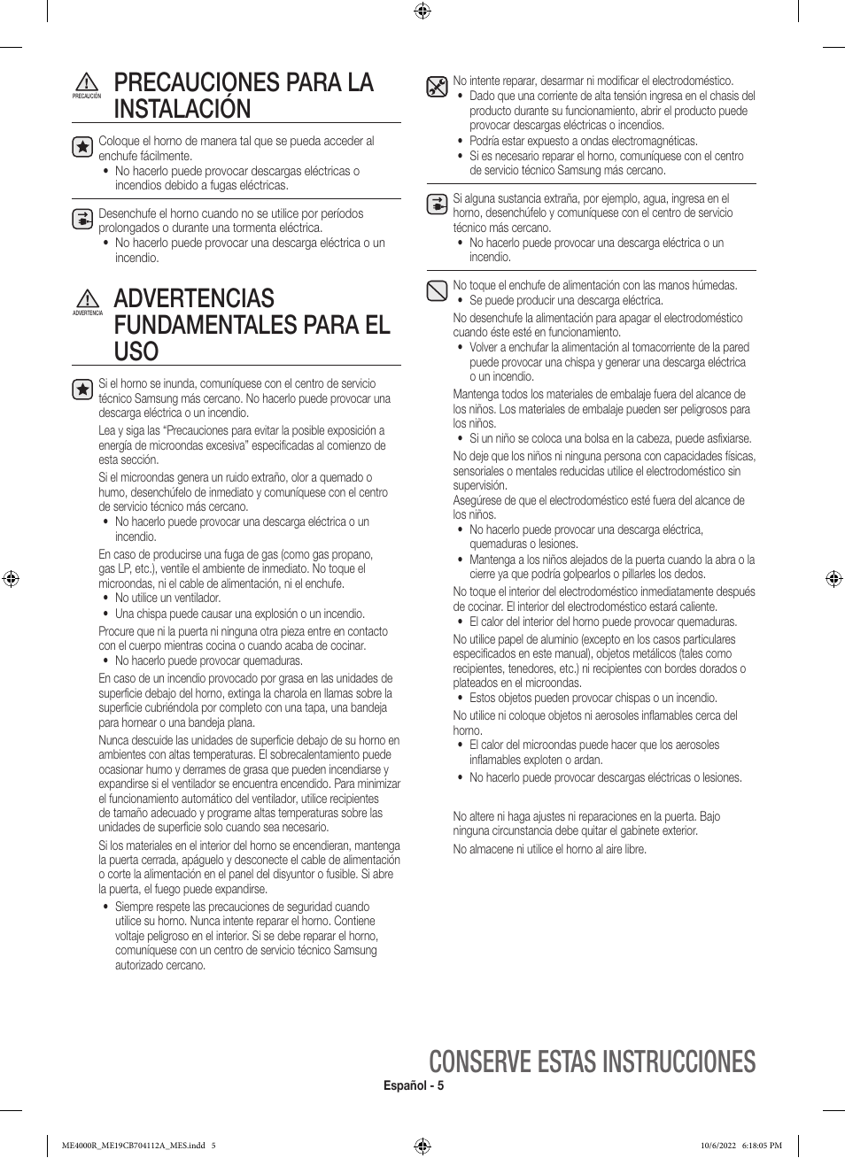 Conserve estas instrucciones, Precauciones para la instalación, Advertencias fundamentales para el uso | Samsung BESPOKE 1.9 cu. ft. Over-the-Range Smart Microwave Oven Owners Guide User Manual | Page 37 / 96