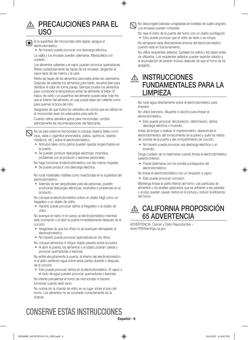 Conserve estas instrucciones, Precauciones para el uso, Instrucciones fundamentales para la limpieza | California proposición 65 advertencia | Samsung BESPOKE 1.9 cu. ft. Over-the-Range Smart Microwave Oven Owners Guide User Manual | Page 38 / 96