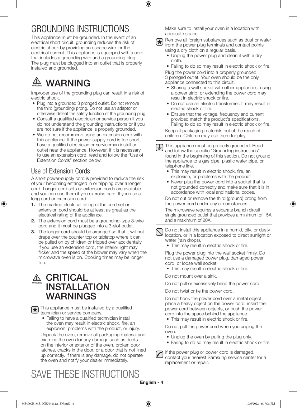 Save these instructions, Grounding instructions, Warning | Critical installation warnings, Use of extension cords | Samsung BESPOKE 1.9 cu. ft. Over-the-Range Smart Microwave Oven Owners Guide User Manual | Page 4 / 96