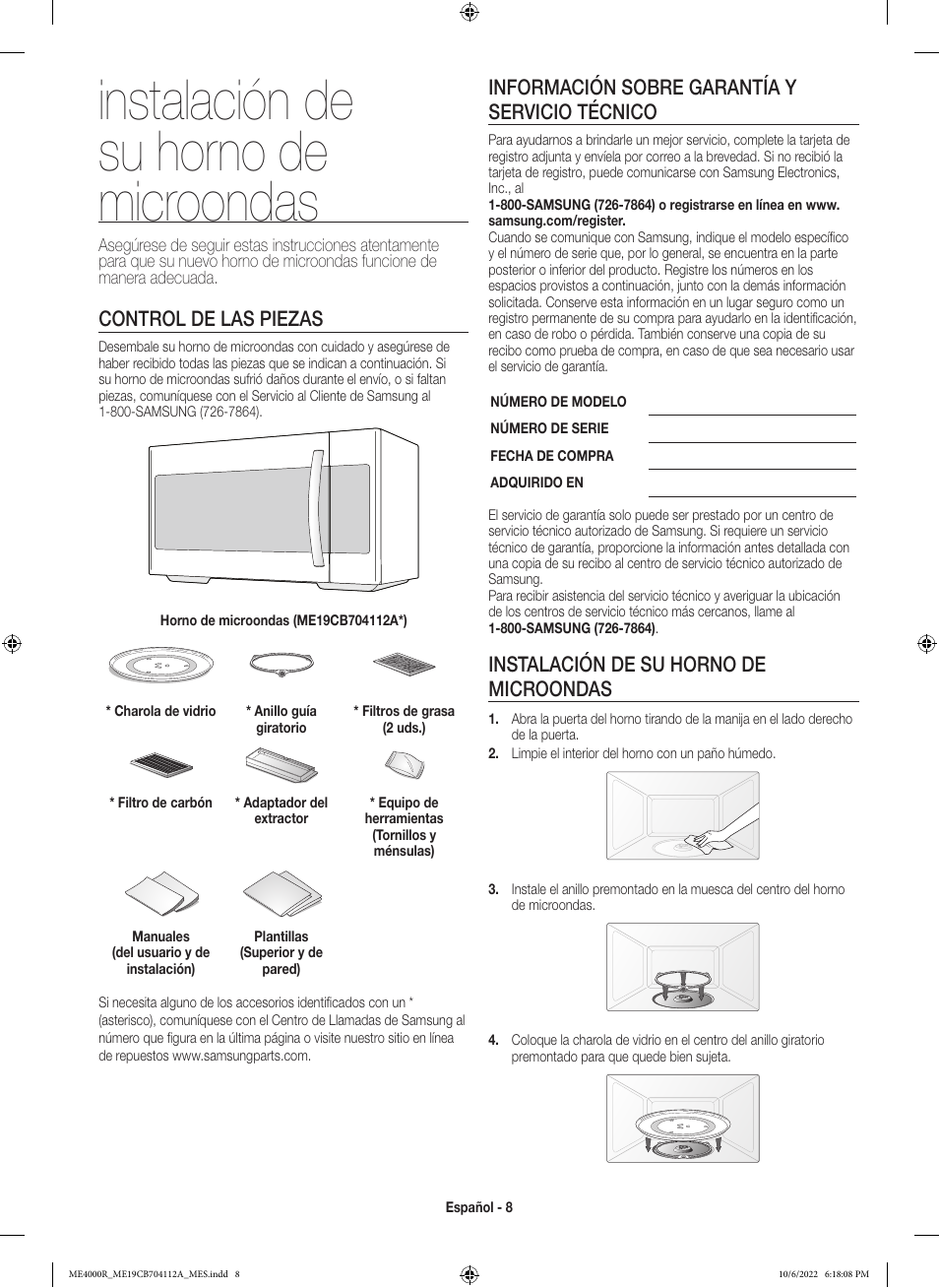 Instalación de su horno de microondas, Control de las piezas, Información sobre garantía y servicio técnico | Samsung BESPOKE 1.9 cu. ft. Over-the-Range Smart Microwave Oven Owners Guide User Manual | Page 40 / 96