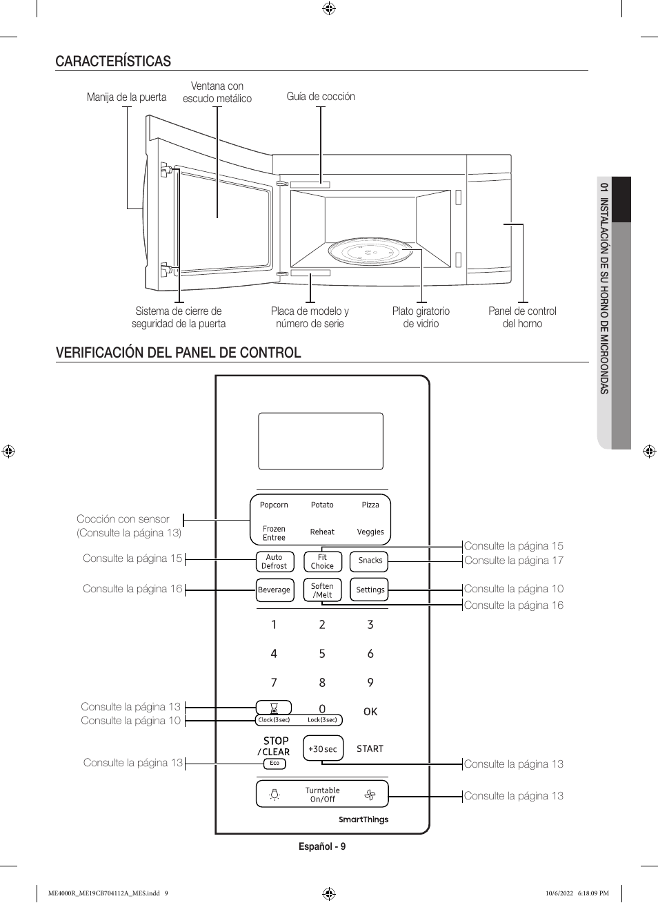 Verificación del panel de control características | Samsung BESPOKE 1.9 cu. ft. Over-the-Range Smart Microwave Oven Owners Guide User Manual | Page 41 / 96