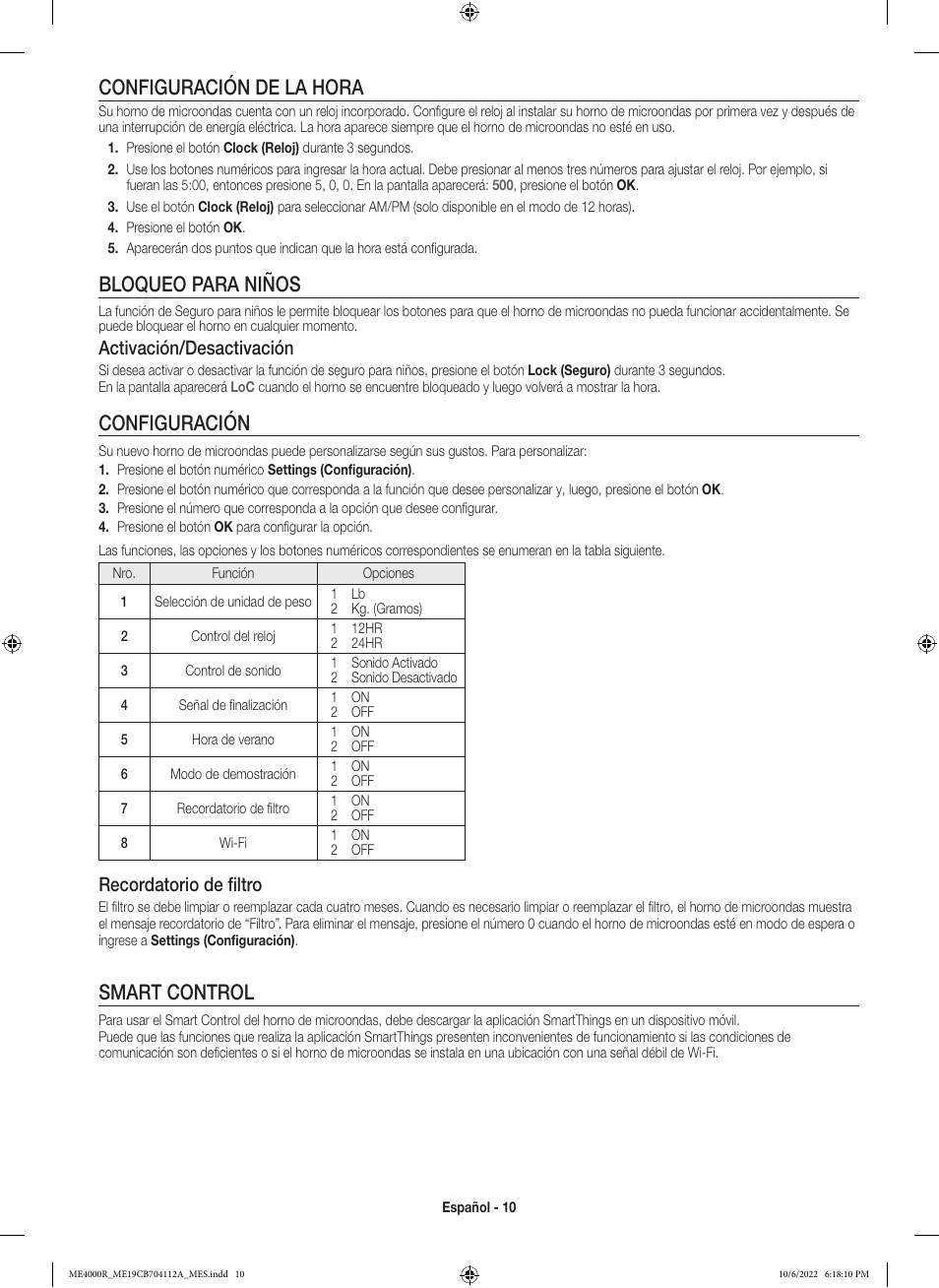 Configuración de la hora, Bloqueo para niños, Configuración | Smart control, Activación/desactivación, Recordatorio de filtro | Samsung BESPOKE 1.9 cu. ft. Over-the-Range Smart Microwave Oven Owners Guide User Manual | Page 42 / 96