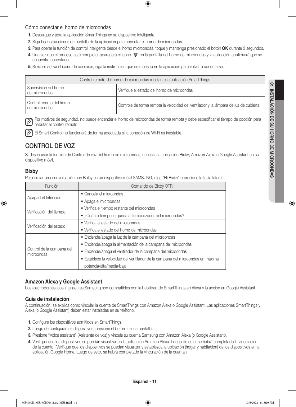 Control de voz, Cómo conectar el horno de microondas, Bixby | Amazon alexa y google assistant, Guía de instalación | Samsung BESPOKE 1.9 cu. ft. Over-the-Range Smart Microwave Oven Owners Guide User Manual | Page 43 / 96