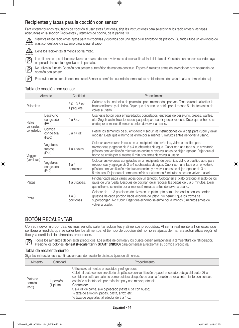 Botón recalentar, Recipientes y tapas para la cocción con sensor, Tabla de cocción con sensor | Tabla de recalentamiento | Samsung BESPOKE 1.9 cu. ft. Over-the-Range Smart Microwave Oven Owners Guide User Manual | Page 46 / 96