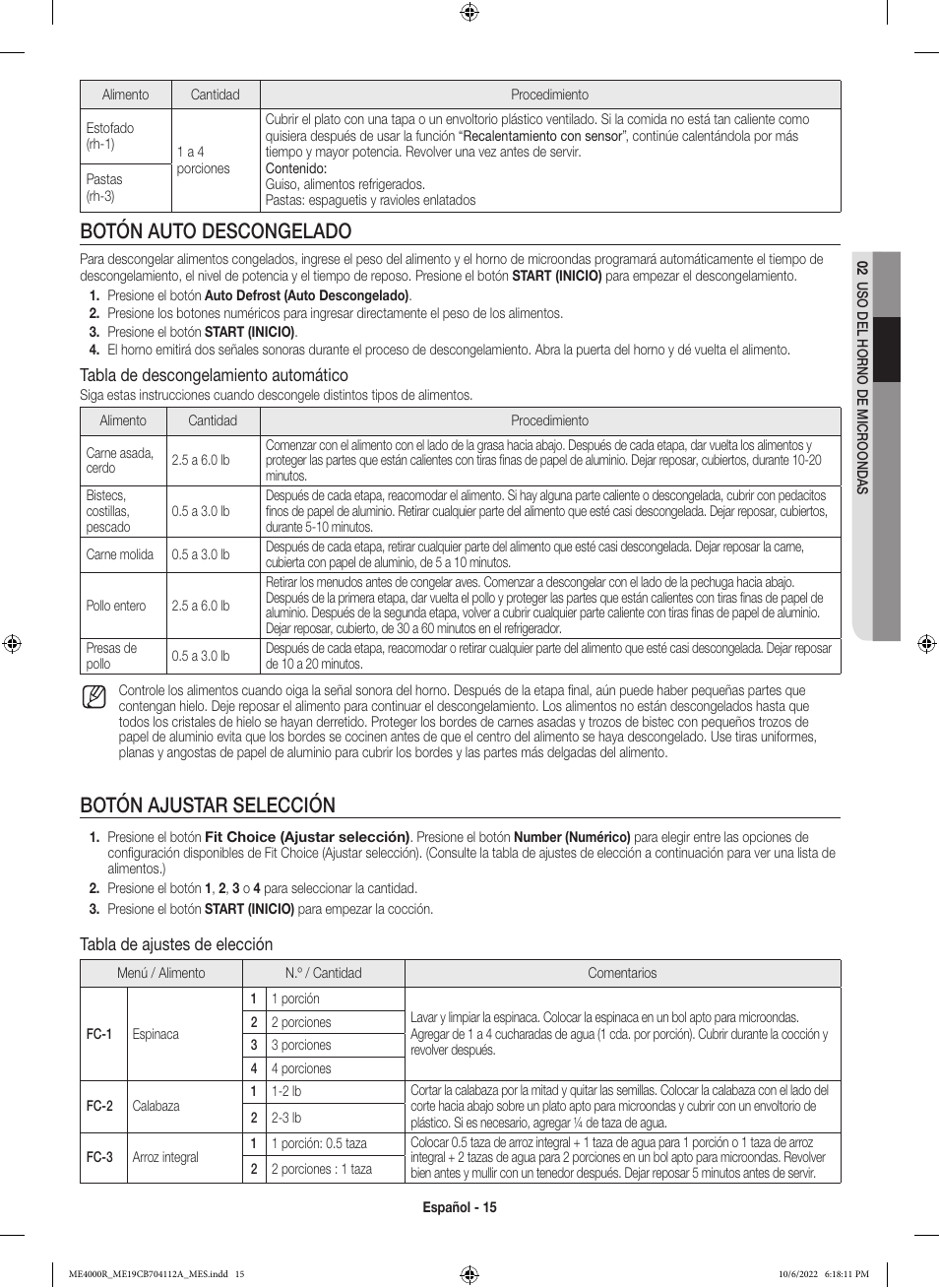 Botón auto descongelado, Botón ajustar selección, Tabla de descongelamiento automático | Tabla de ajustes de elección | Samsung BESPOKE 1.9 cu. ft. Over-the-Range Smart Microwave Oven Owners Guide User Manual | Page 47 / 96