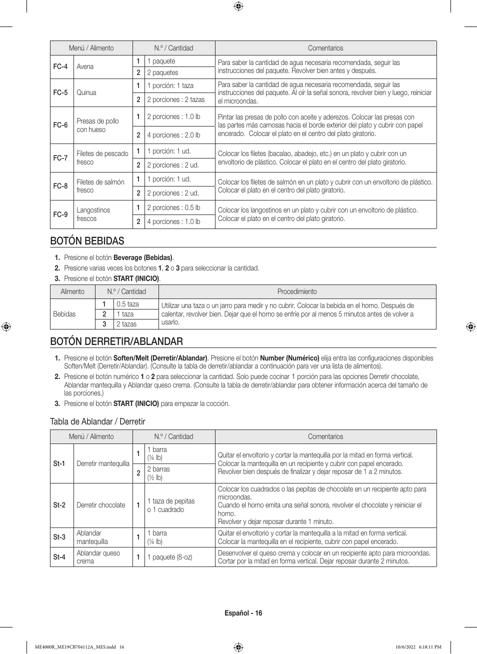 Botón bebidas, Botón derretir/ablandar, Tabla de ablandar / derretir | Samsung BESPOKE 1.9 cu. ft. Over-the-Range Smart Microwave Oven Owners Guide User Manual | Page 48 / 96