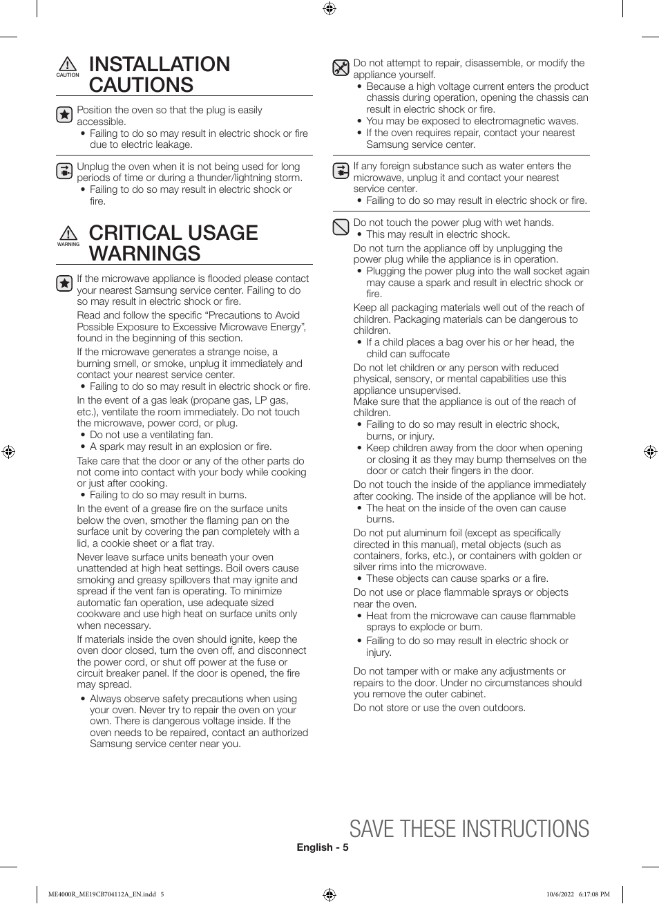 Save these instructions, Installation cautions, Critical usage warnings | Samsung BESPOKE 1.9 cu. ft. Over-the-Range Smart Microwave Oven Owners Guide User Manual | Page 5 / 96