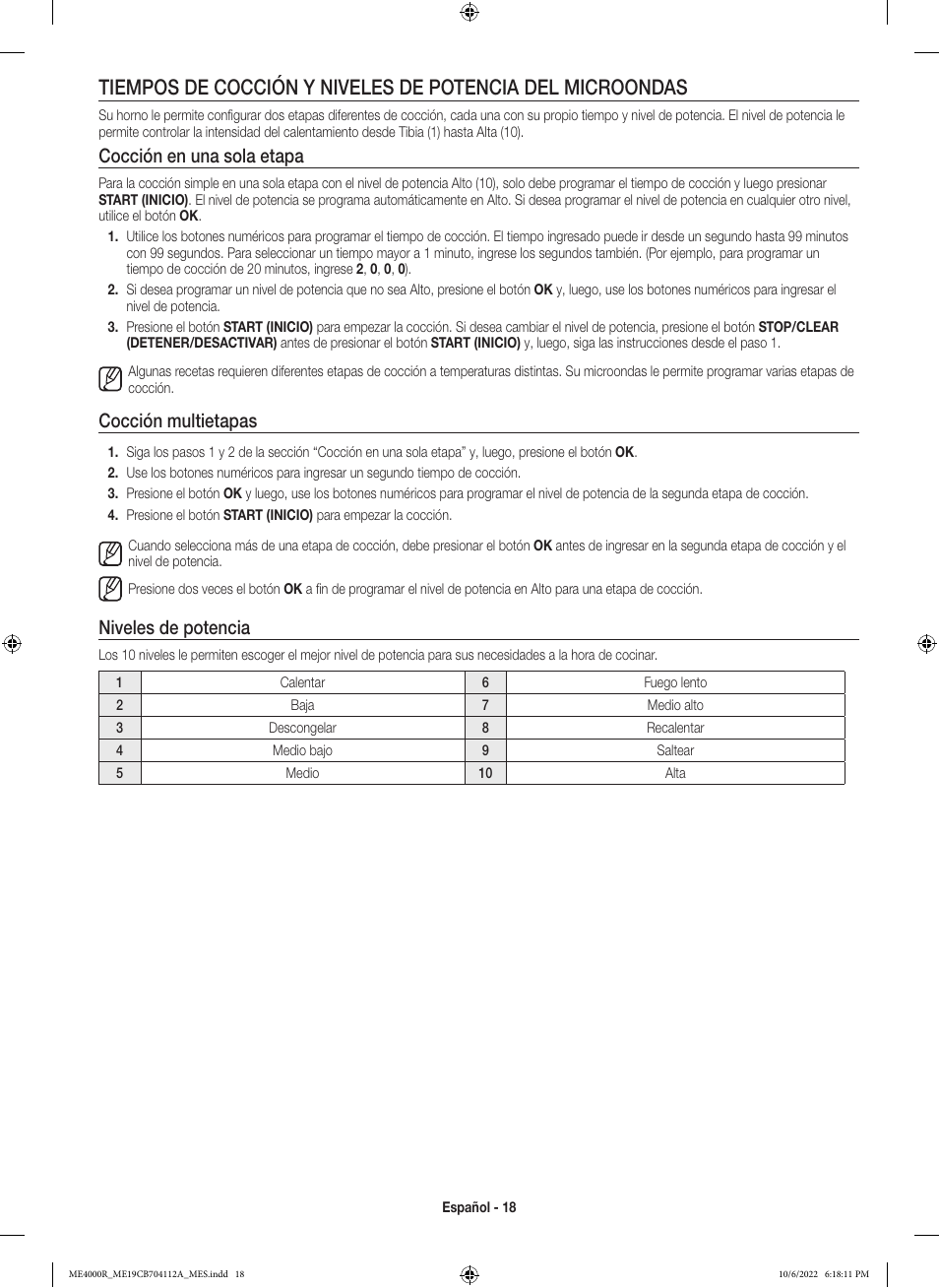 Cocción en una sola etapa, Cocción multietapas, Niveles de potencia | Samsung BESPOKE 1.9 cu. ft. Over-the-Range Smart Microwave Oven Owners Guide User Manual | Page 50 / 96