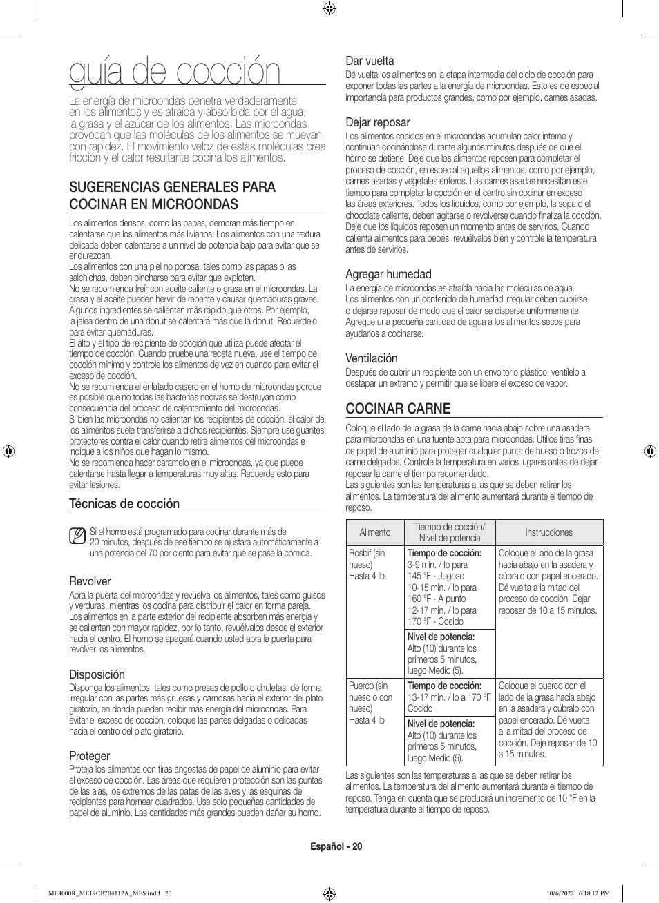 Guía de cocción, Sugerencias generales para cocinar en microondas, Cocinar carne | Técnicas de cocción | Samsung BESPOKE 1.9 cu. ft. Over-the-Range Smart Microwave Oven Owners Guide User Manual | Page 52 / 96