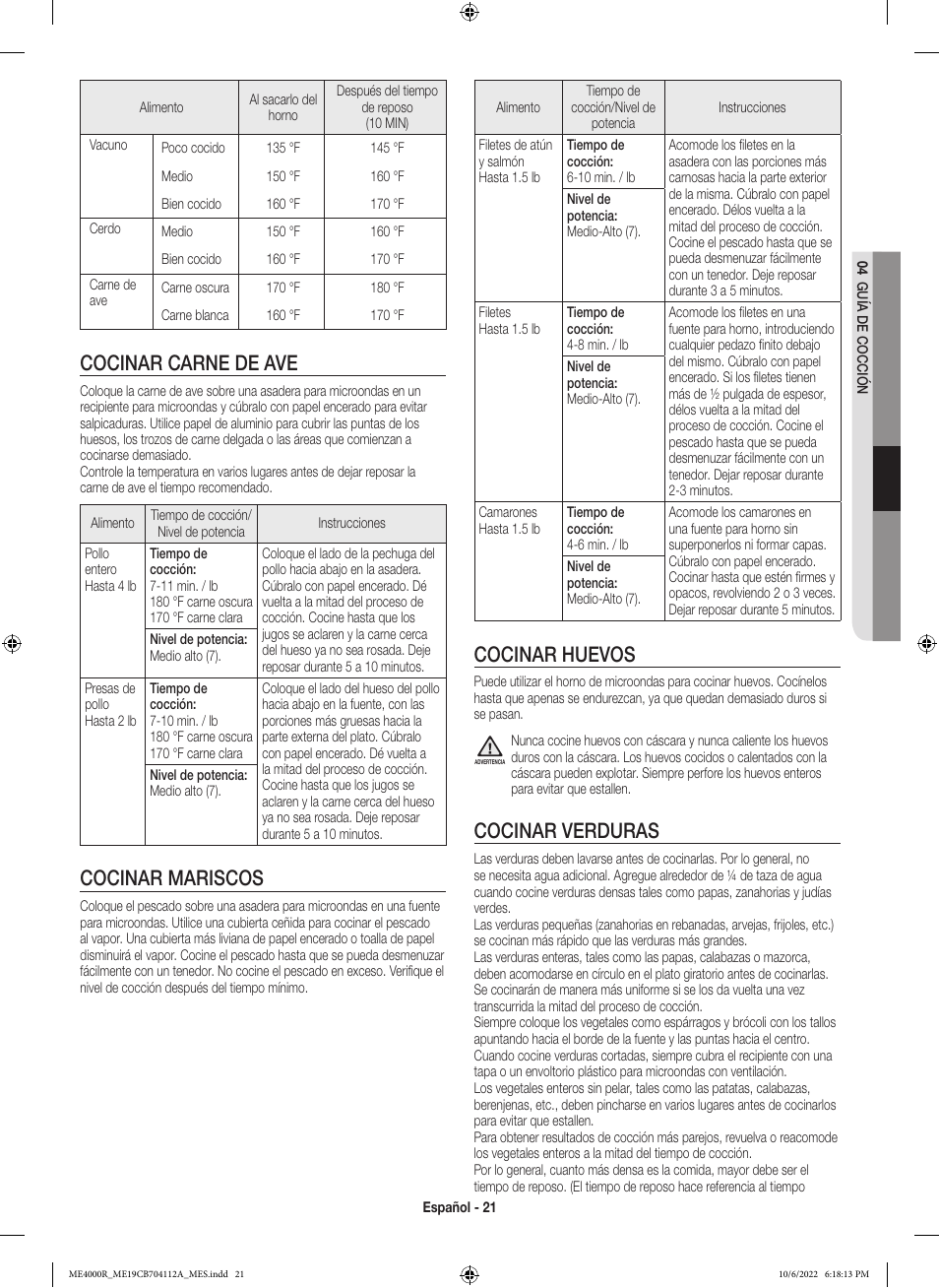 Cocinar huevos, Cocinar verduras, Cocinar carne de ave | Cocinar mariscos | Samsung BESPOKE 1.9 cu. ft. Over-the-Range Smart Microwave Oven Owners Guide User Manual | Page 53 / 96