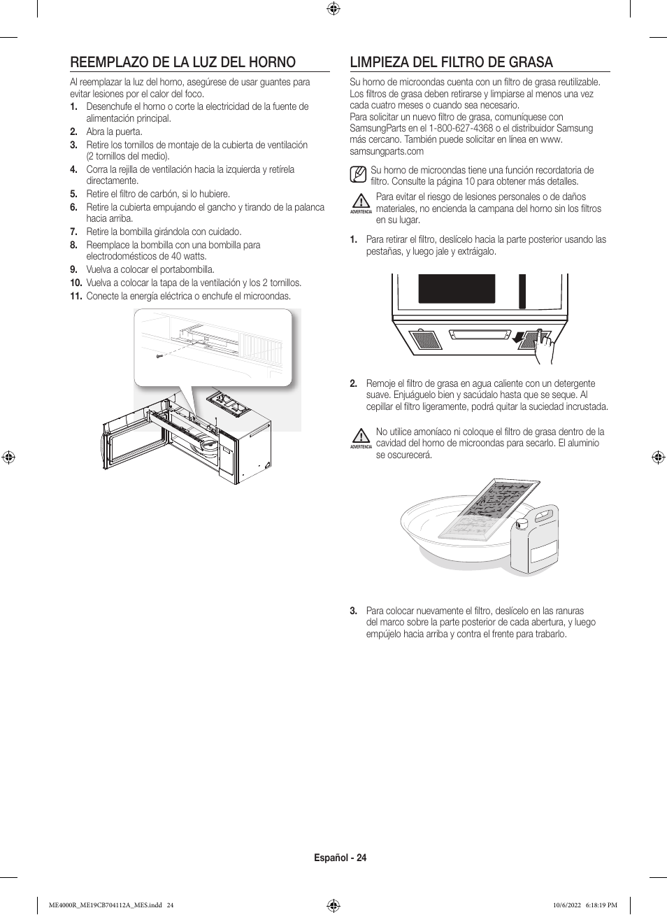 Reemplazo de la luz del horno, Limpieza del filtro de grasa | Samsung BESPOKE 1.9 cu. ft. Over-the-Range Smart Microwave Oven Owners Guide User Manual | Page 56 / 96