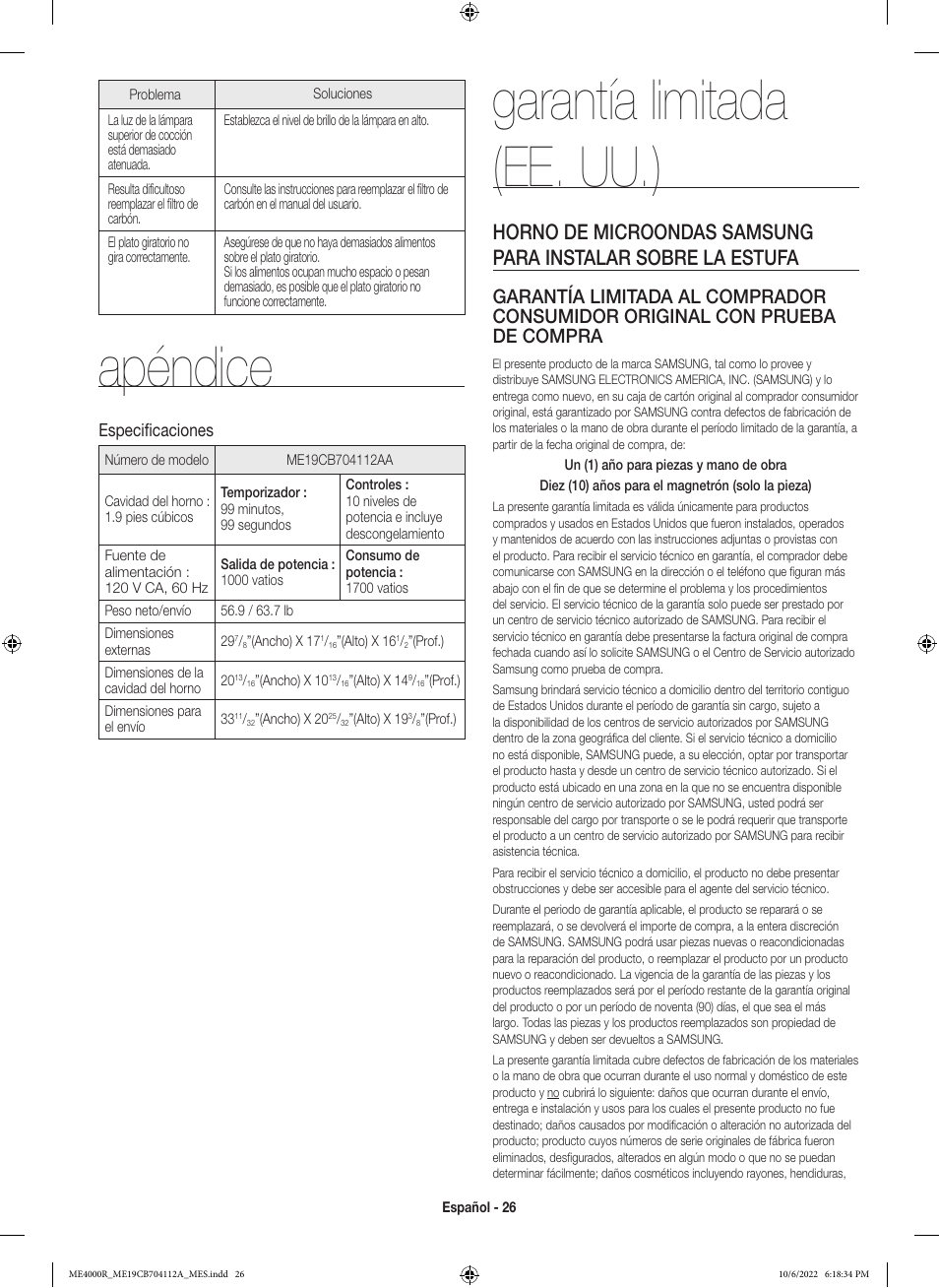 Apéndice, Garantía limitada (ee. uu.), Especificaciones | Samsung BESPOKE 1.9 cu. ft. Over-the-Range Smart Microwave Oven Owners Guide User Manual | Page 58 / 96