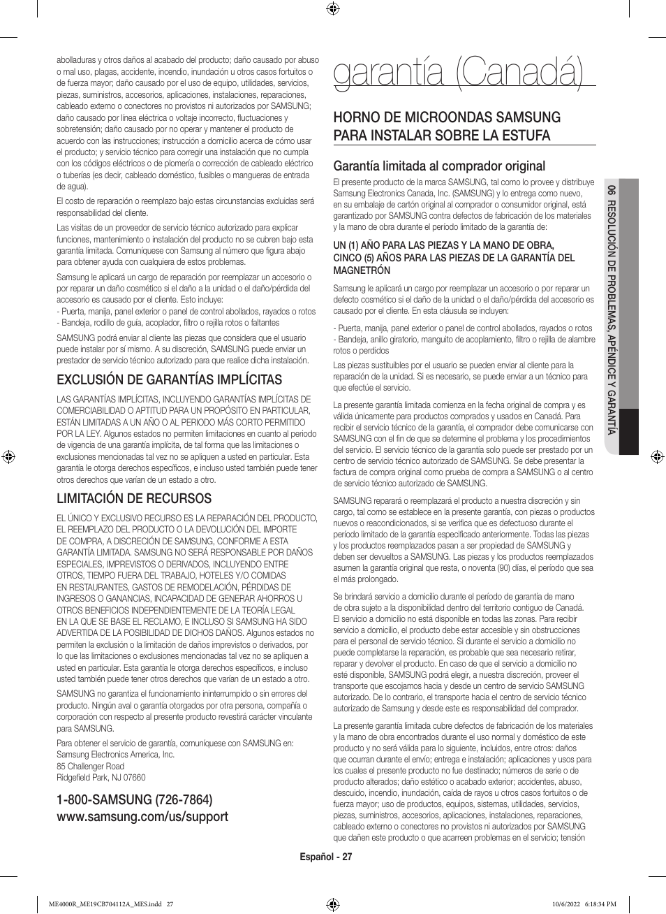 Garantía (canadá), Exclusión de garantías implícitas, Limitación de recursos | Garantía limitada al comprador original | Samsung BESPOKE 1.9 cu. ft. Over-the-Range Smart Microwave Oven Owners Guide User Manual | Page 59 / 96