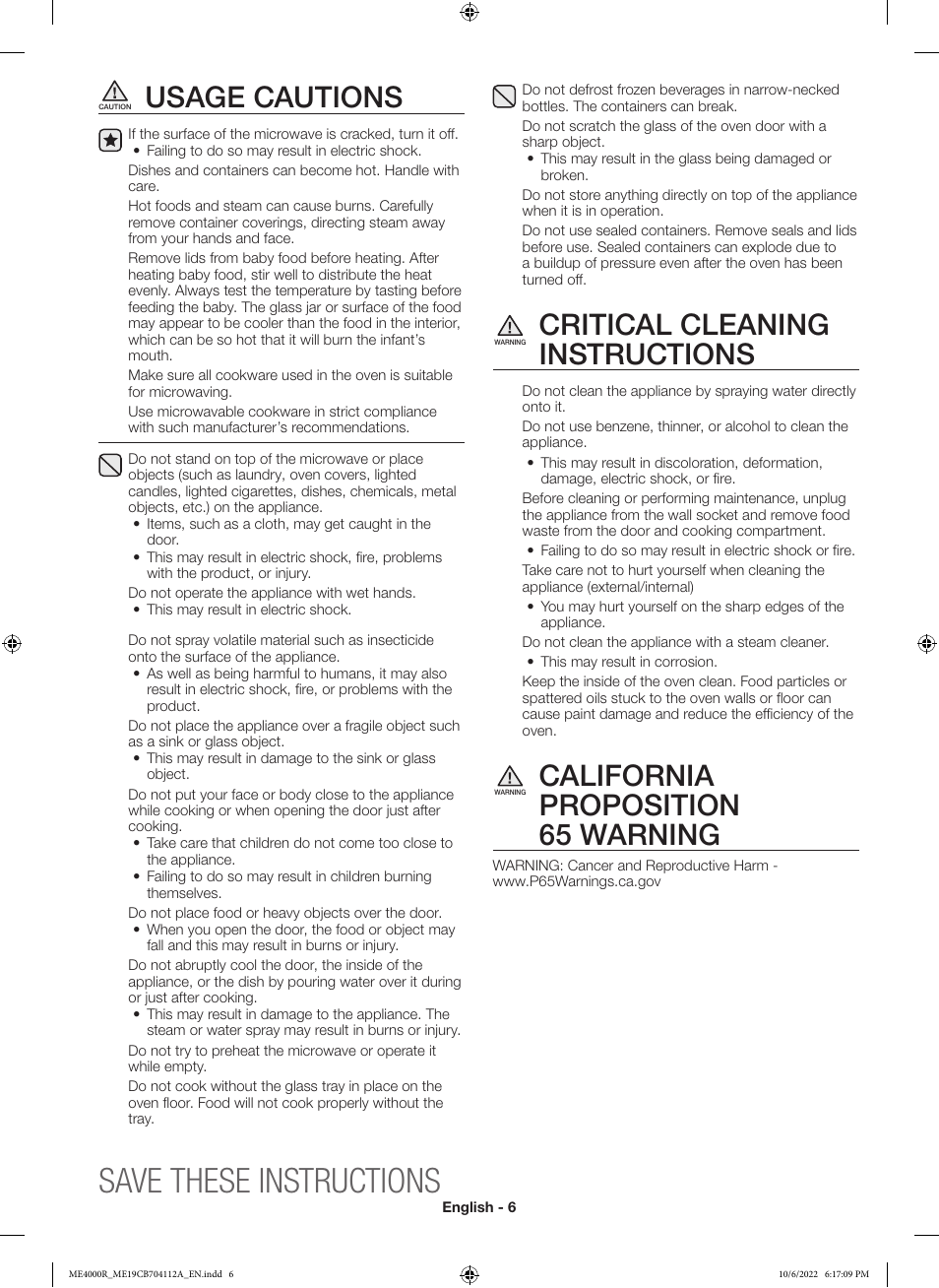 Save these instructions, Usage cautions, Critical cleaning instructions | California proposition 65 warning | Samsung BESPOKE 1.9 cu. ft. Over-the-Range Smart Microwave Oven Owners Guide User Manual | Page 6 / 96