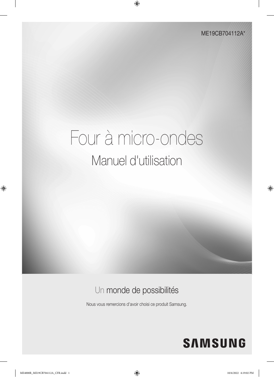 Me4000r_me19cb704112a_cfr, Four à micro-ondes, Manuel d'utilisation | Un monde de possibilités | Samsung BESPOKE 1.9 cu. ft. Over-the-Range Smart Microwave Oven Owners Guide User Manual | Page 65 / 96