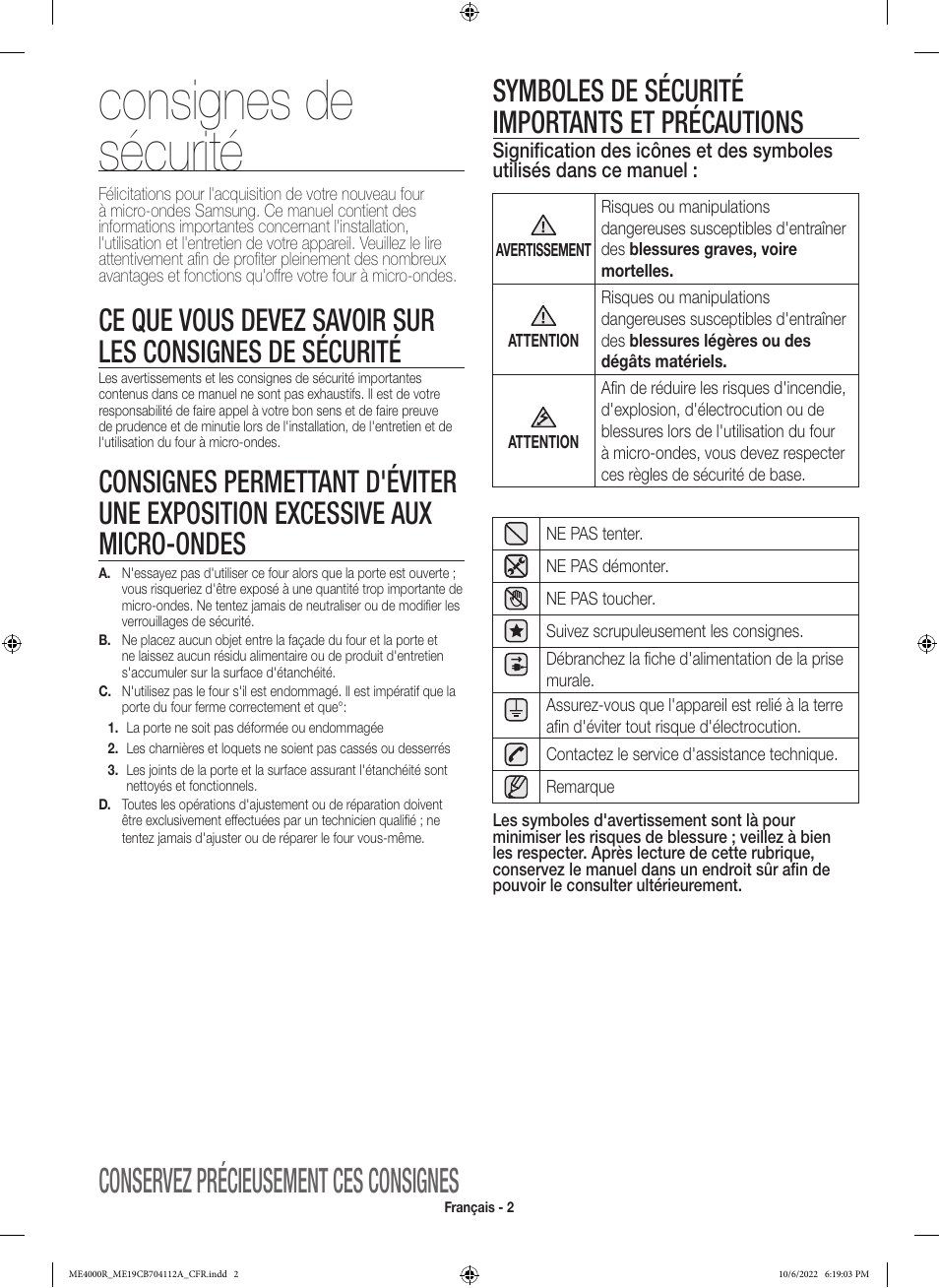 Consignes de sécurité, Conservez précieusement ces consignes, Symboles de sécurité importants et précautions | Samsung BESPOKE 1.9 cu. ft. Over-the-Range Smart Microwave Oven Owners Guide User Manual | Page 66 / 96