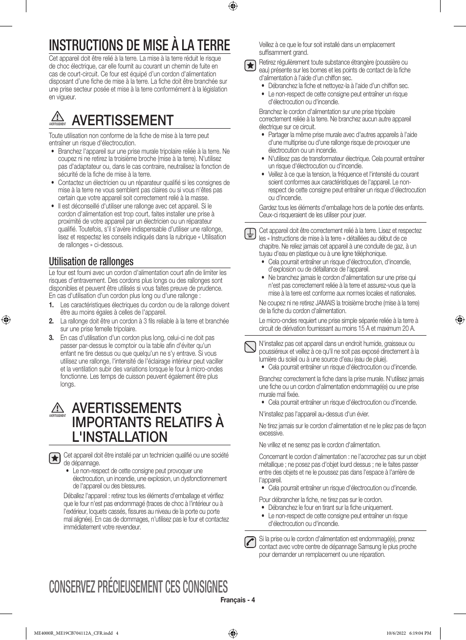 Conservez précieusement ces consignes, Instructions de mise à la terre, Avertissement | Utilisation de rallonges | Samsung BESPOKE 1.9 cu. ft. Over-the-Range Smart Microwave Oven Owners Guide User Manual | Page 68 / 96