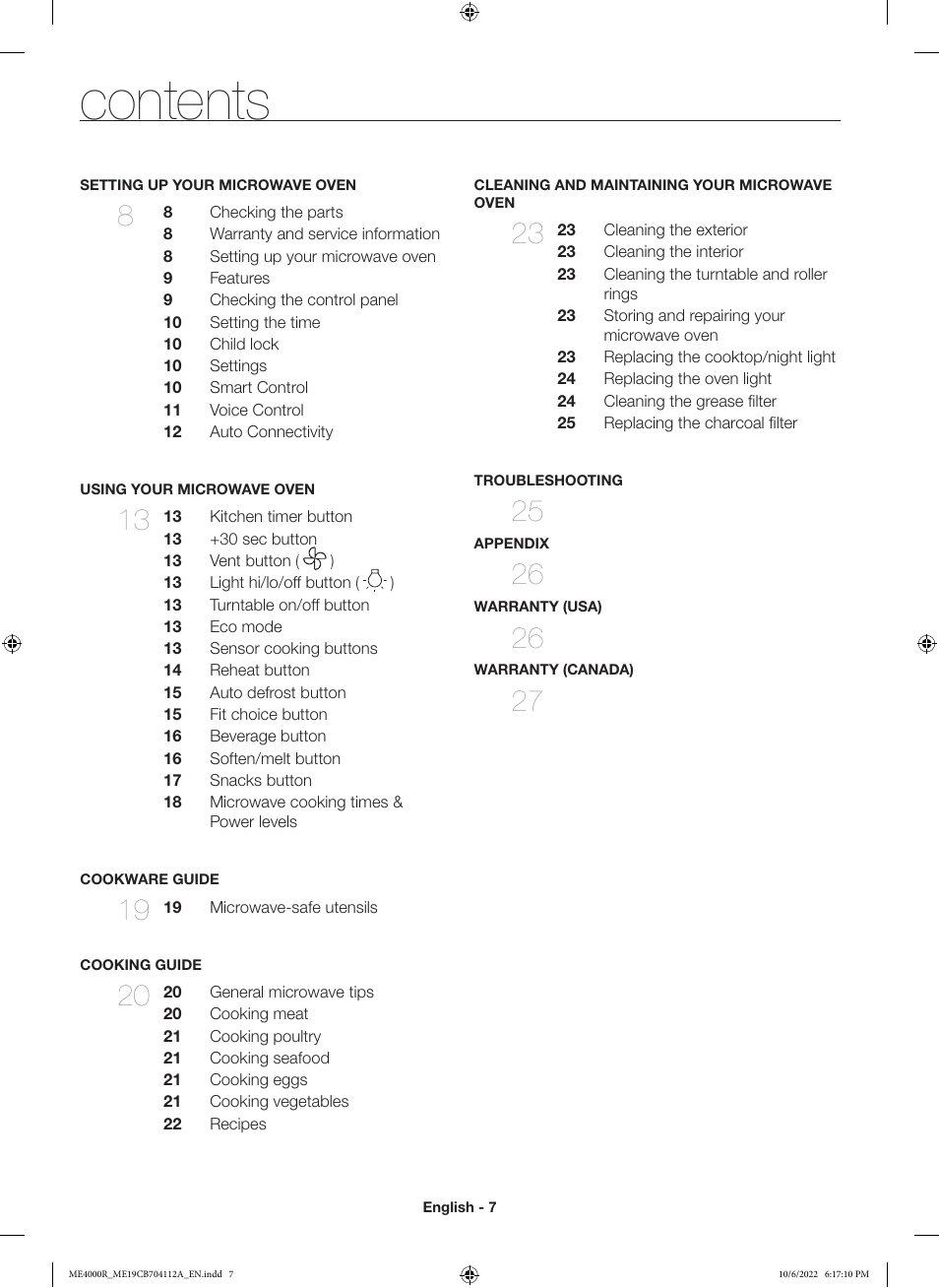 Samsung BESPOKE 1.9 cu. ft. Over-the-Range Smart Microwave Oven Owners Guide User Manual | Page 7 / 96