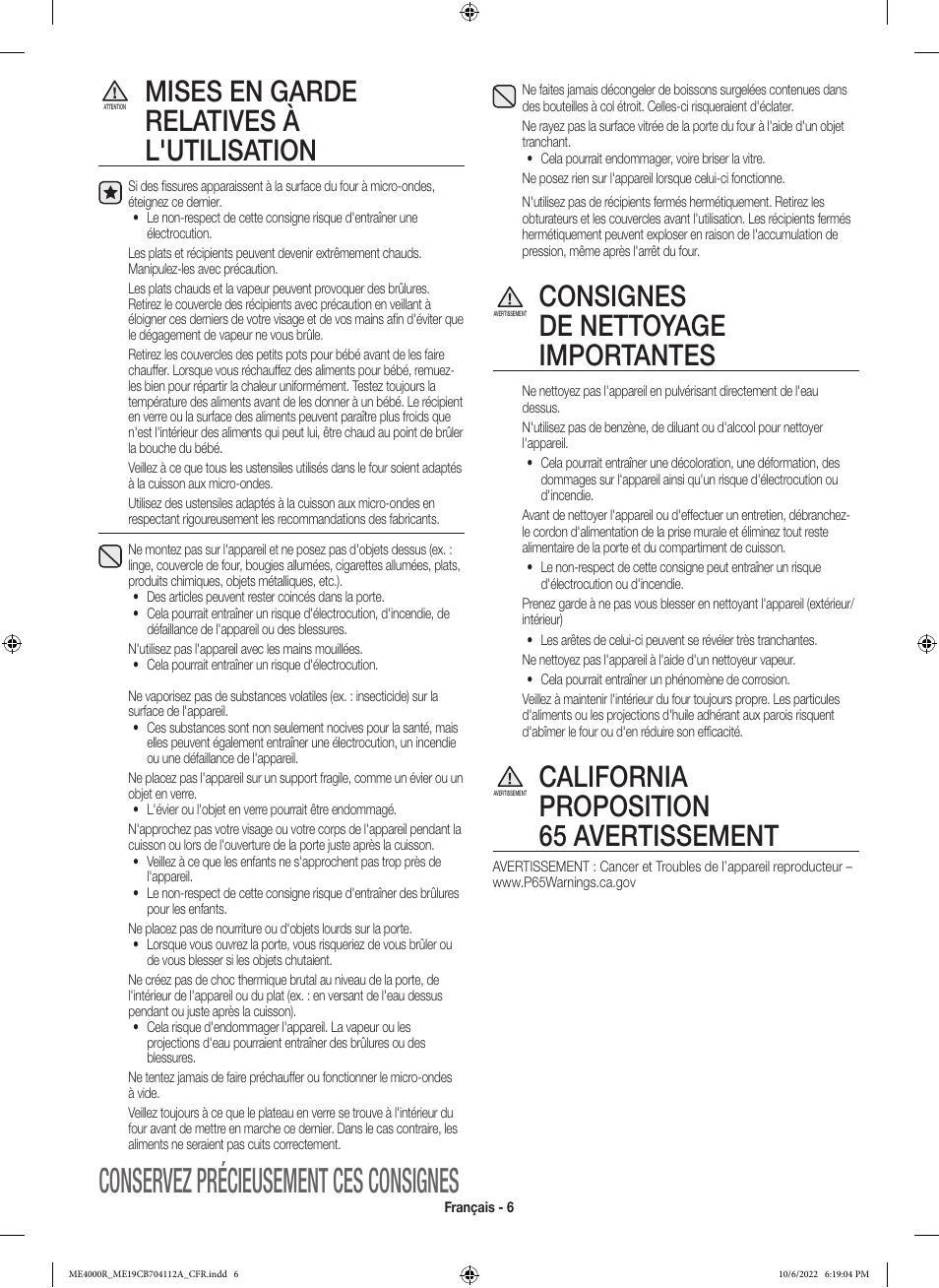 Conservez précieusement ces consignes, Mises en garde relatives à l'utilisation, Consignes de nettoyage importantes | California proposition 65 avertissement | Samsung BESPOKE 1.9 cu. ft. Over-the-Range Smart Microwave Oven Owners Guide User Manual | Page 70 / 96