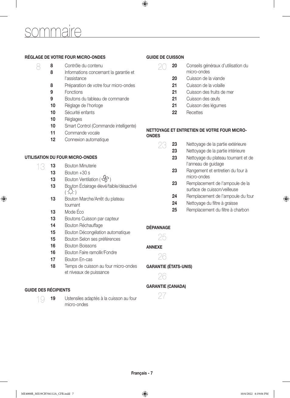 Sommaire | Samsung BESPOKE 1.9 cu. ft. Over-the-Range Smart Microwave Oven Owners Guide User Manual | Page 71 / 96