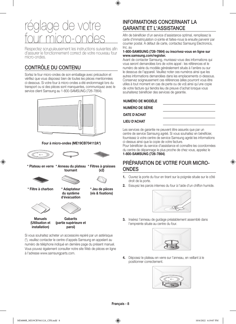 Réglage de votre four micro-ondes, Contrôle du contenu, Préparation de votre four micro- ondes | Samsung BESPOKE 1.9 cu. ft. Over-the-Range Smart Microwave Oven Owners Guide User Manual | Page 72 / 96