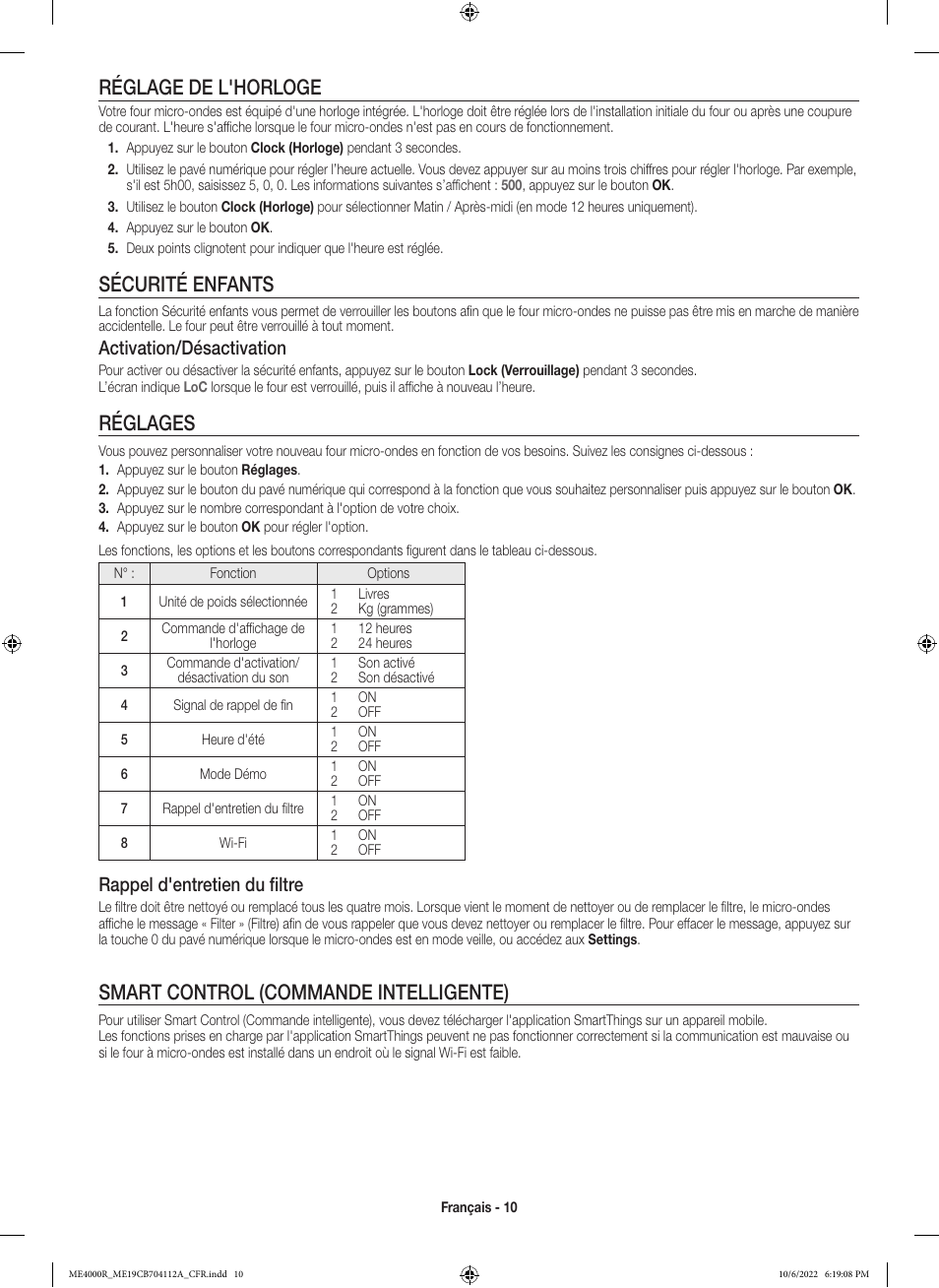 Réglage de l'horloge, Sécurité enfants, Réglages | Smart control (commande intelligente), Activation/désactivation, Rappel d'entretien du filtre | Samsung BESPOKE 1.9 cu. ft. Over-the-Range Smart Microwave Oven Owners Guide User Manual | Page 74 / 96