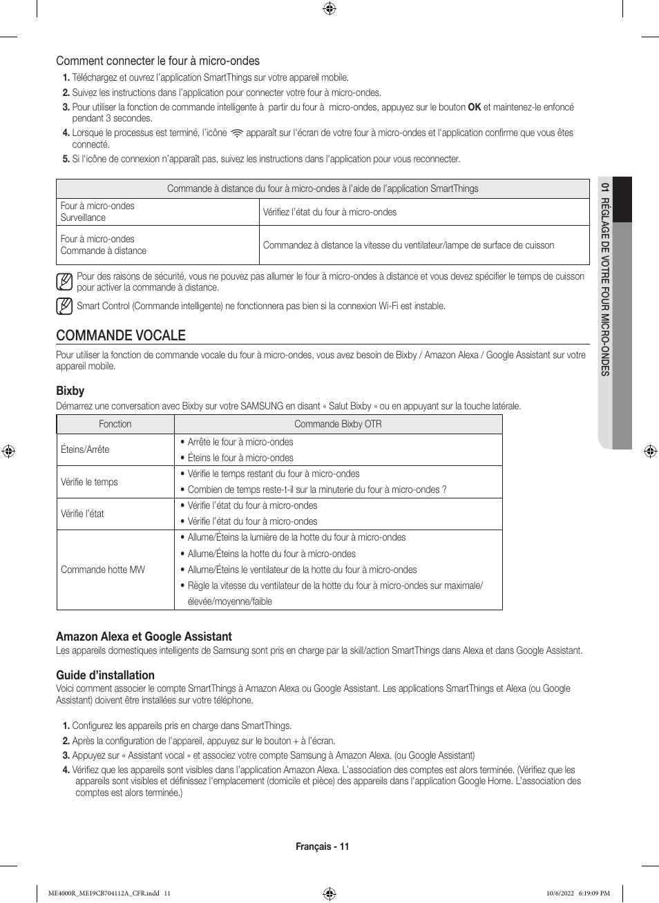 Commande vocale, Comment connecter le four à micro-ondes, Bixby | Amazon alexa et google assistant, Guide d’installation | Samsung BESPOKE 1.9 cu. ft. Over-the-Range Smart Microwave Oven Owners Guide User Manual | Page 75 / 96