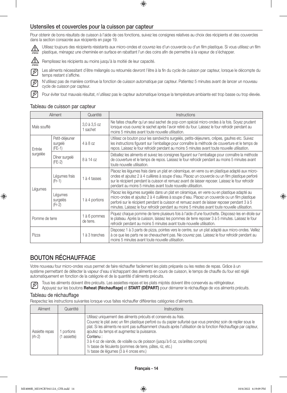 Bouton réchauffage, Tableau de cuisson par capteur, Tableau de réchauffage | Samsung BESPOKE 1.9 cu. ft. Over-the-Range Smart Microwave Oven Owners Guide User Manual | Page 78 / 96