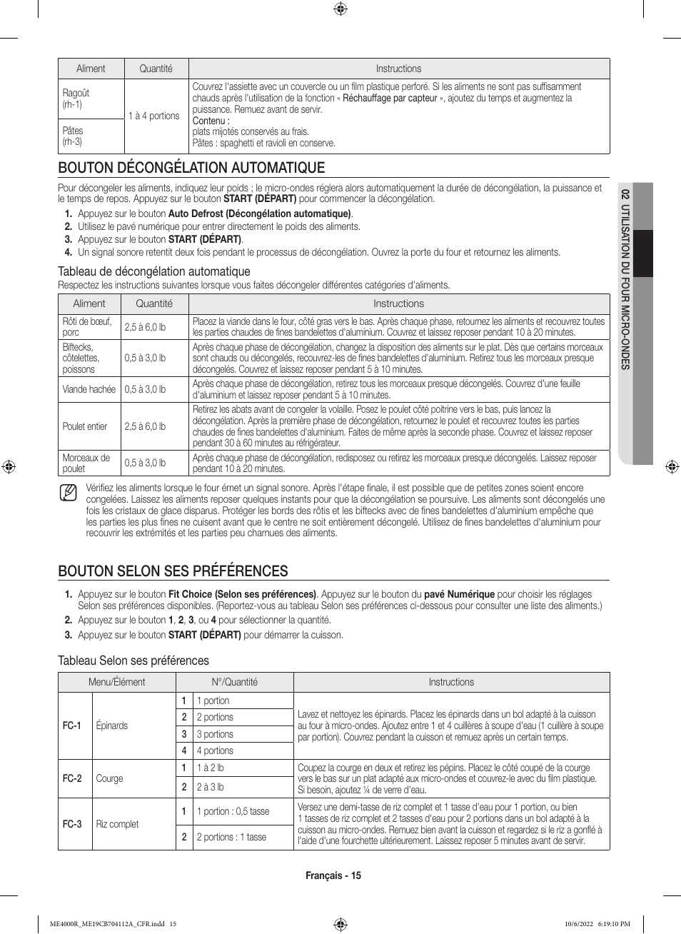 Bouton décongélation automatique, Bouton selon ses préférences, Tableau de décongélation automatique | Tableau selon ses préférences | Samsung BESPOKE 1.9 cu. ft. Over-the-Range Smart Microwave Oven Owners Guide User Manual | Page 79 / 96