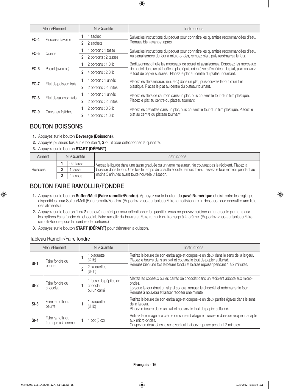 Bouton boissons, Bouton faire ramollir/fondre, Tableau ramollir/faire fondre | Samsung BESPOKE 1.9 cu. ft. Over-the-Range Smart Microwave Oven Owners Guide User Manual | Page 80 / 96