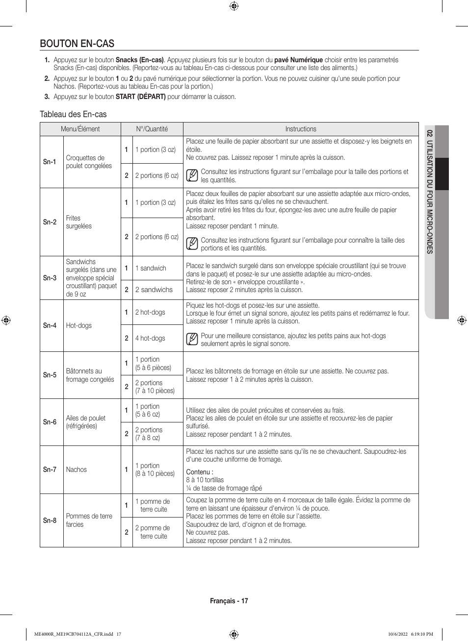 Bouton en-cas, Tableau des en-cas | Samsung BESPOKE 1.9 cu. ft. Over-the-Range Smart Microwave Oven Owners Guide User Manual | Page 81 / 96