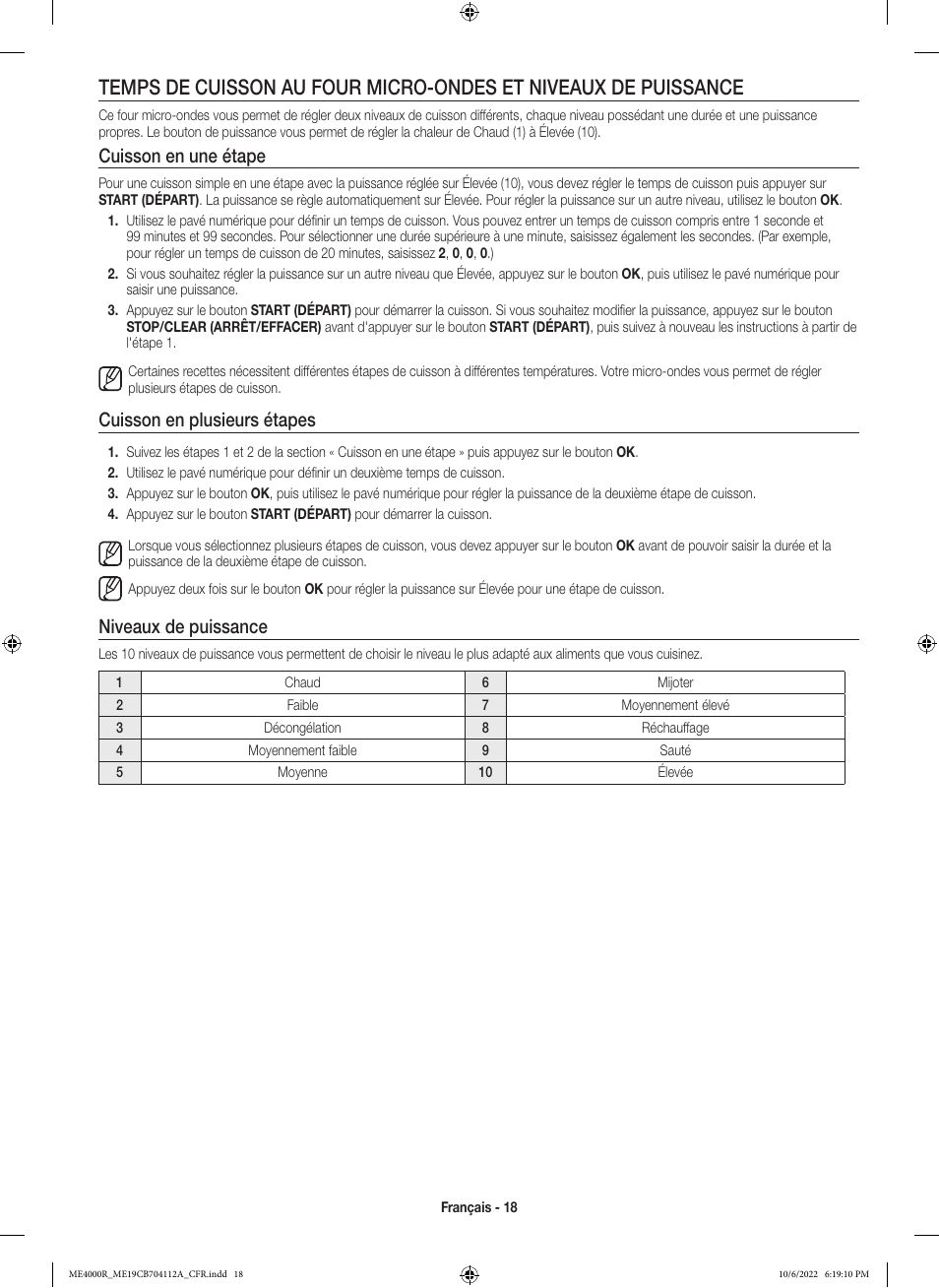 Cuisson en une étape, Cuisson en plusieurs étapes, Niveaux de puissance | Samsung BESPOKE 1.9 cu. ft. Over-the-Range Smart Microwave Oven Owners Guide User Manual | Page 82 / 96