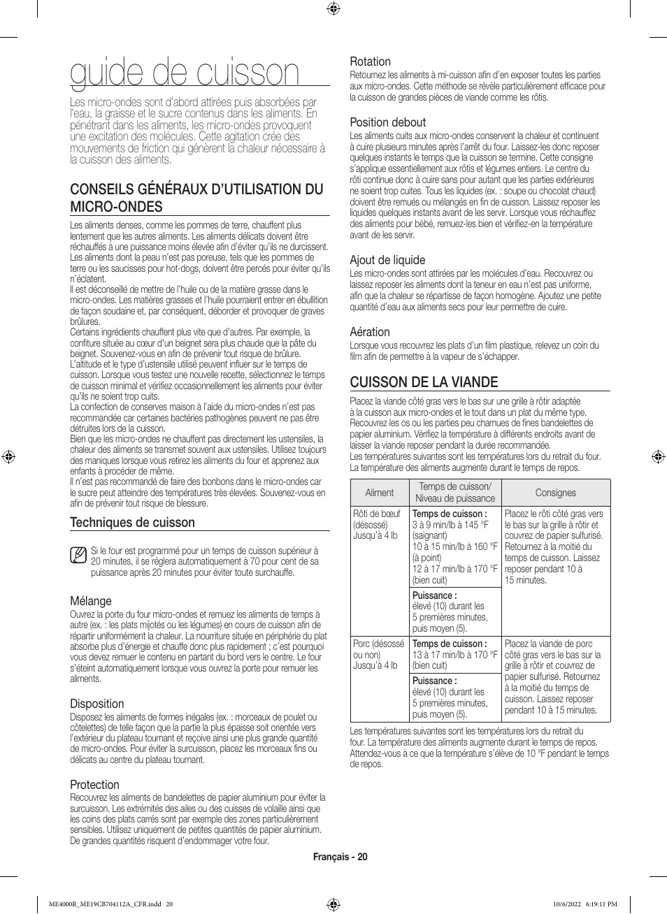 Guide de cuisson, Conseils généraux d’utilisation du micro-ondes, Cuisson de la viande | Techniques de cuisson | Samsung BESPOKE 1.9 cu. ft. Over-the-Range Smart Microwave Oven Owners Guide User Manual | Page 84 / 96