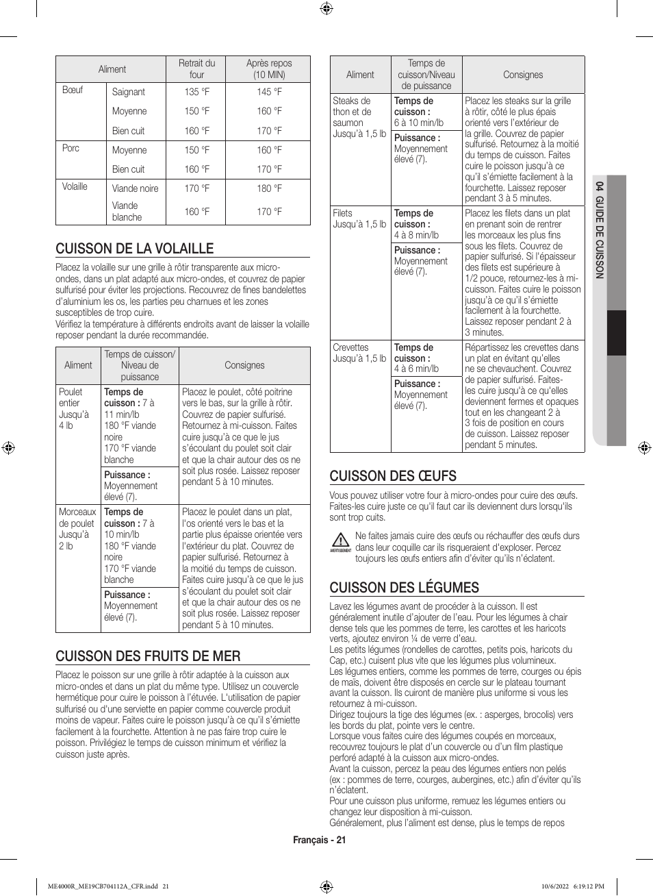 Cuisson des œufs, Cuisson des légumes, Cuisson de la volaille | Cuisson des fruits de mer | Samsung BESPOKE 1.9 cu. ft. Over-the-Range Smart Microwave Oven Owners Guide User Manual | Page 85 / 96