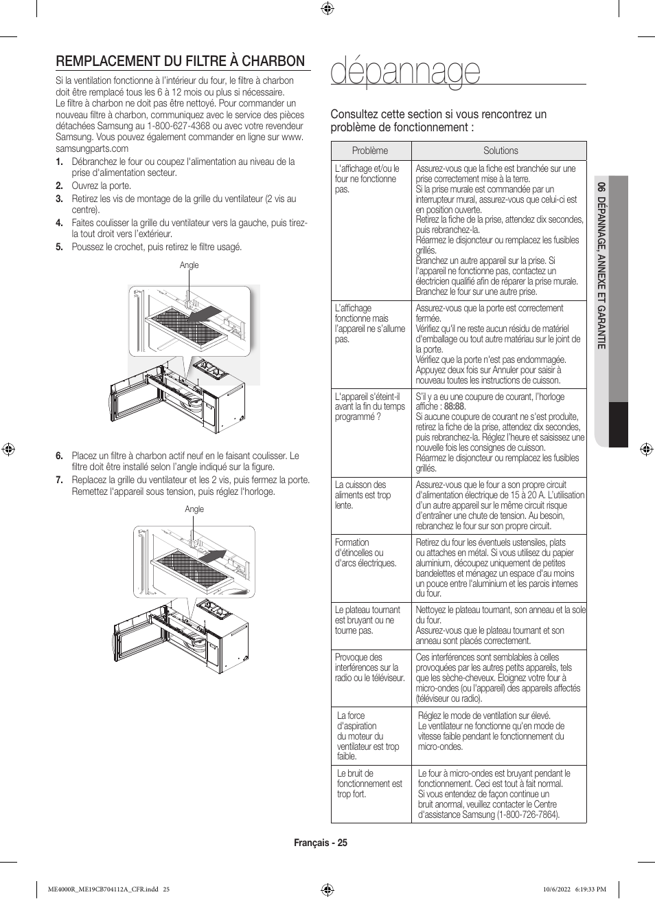 Dépannage, Remplacement du filtre à charbon | Samsung BESPOKE 1.9 cu. ft. Over-the-Range Smart Microwave Oven Owners Guide User Manual | Page 89 / 96