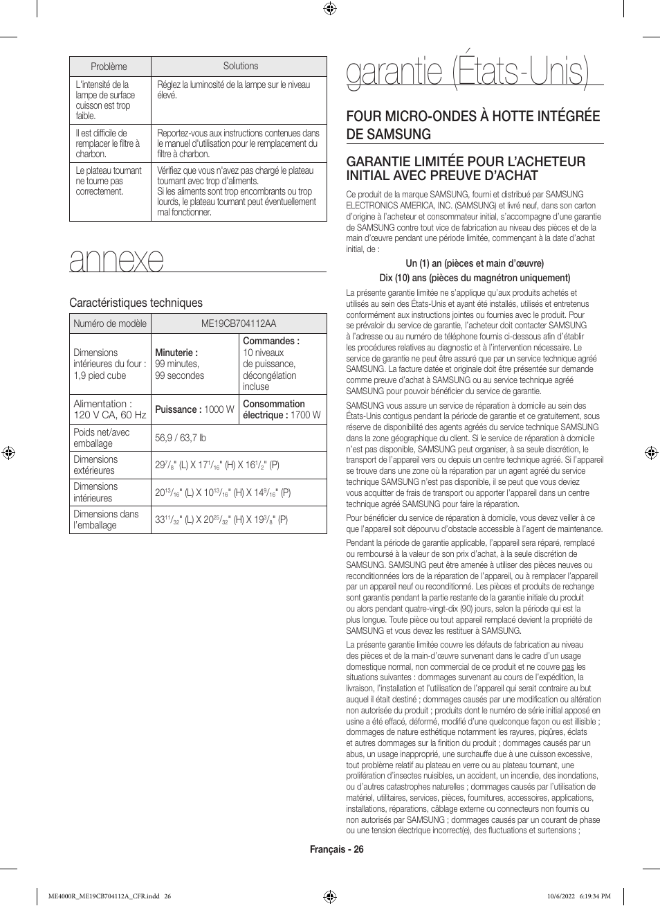 Annexe, Garantie (états-unis), Four micro-ondes à hotte intégrée de samsung | Caractéristiques techniques | Samsung BESPOKE 1.9 cu. ft. Over-the-Range Smart Microwave Oven Owners Guide User Manual | Page 90 / 96