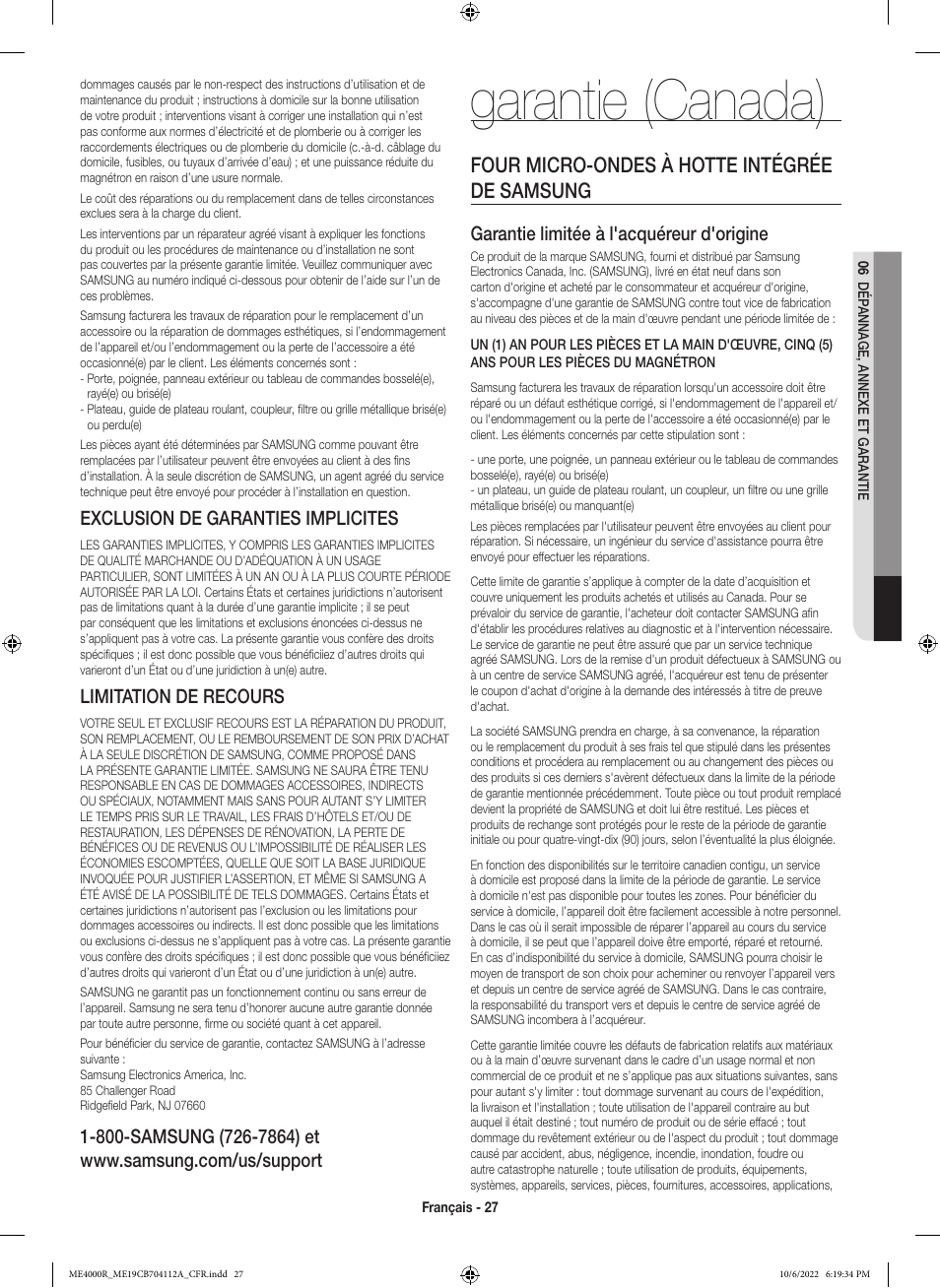 Garantie (canada), Four micro-ondes à hotte intégrée de samsung, Exclusion de garanties implicites | Limitation de recours, Garantie limitée à l'acquéreur d'origine | Samsung BESPOKE 1.9 cu. ft. Over-the-Range Smart Microwave Oven Owners Guide User Manual | Page 91 / 96