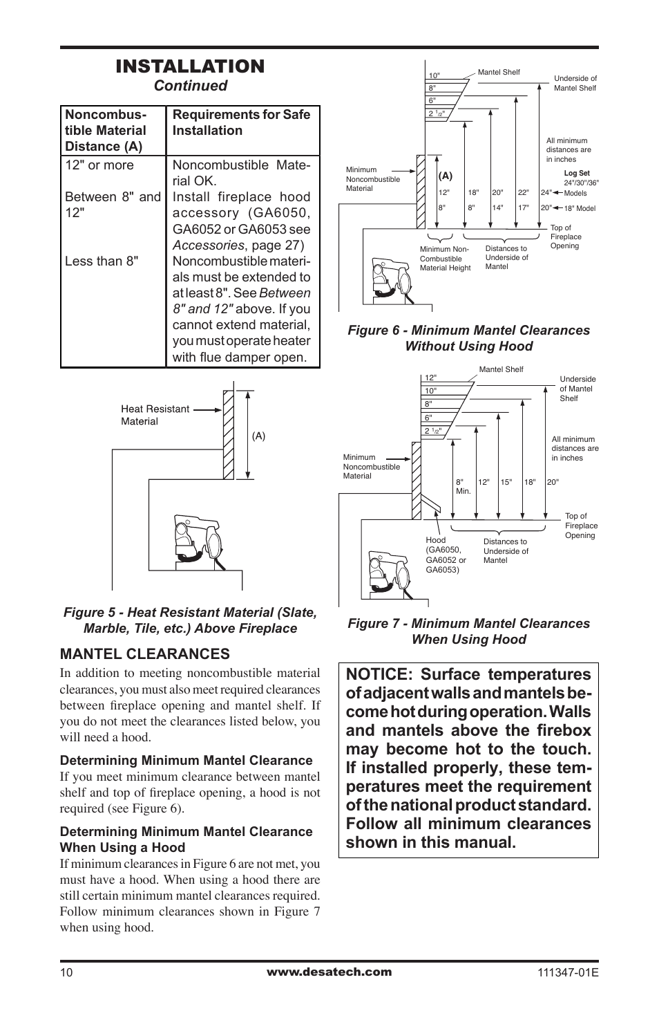 Installation, Continued, Mantel clearances | Desa CDL3924PT User Manual | Page 10 / 32
