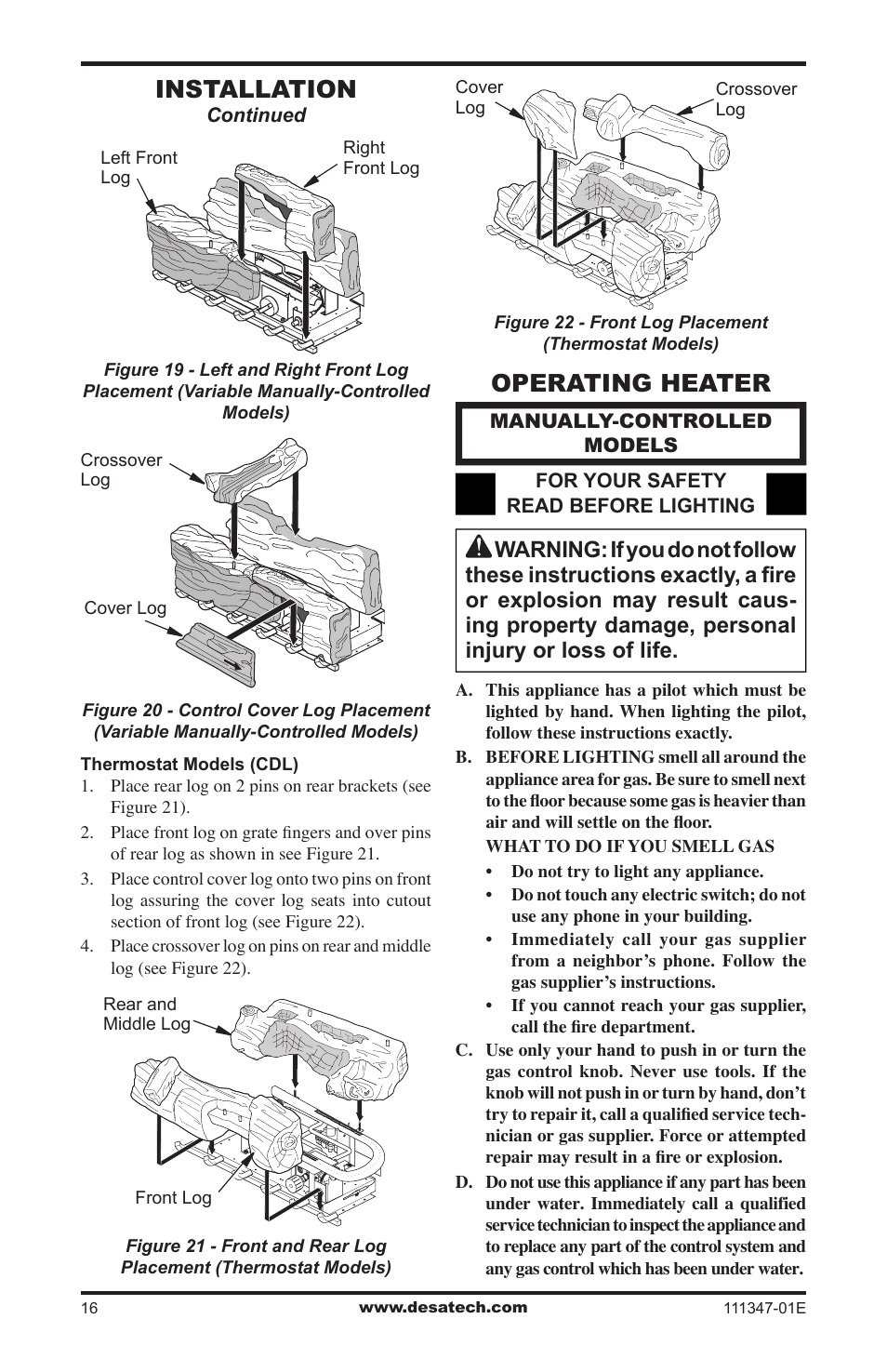 Operating heater, Manually-controlled models, Installation | Desa CDL3924PT User Manual | Page 16 / 32