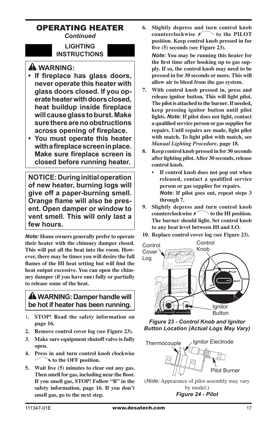 Operating heater | Desa CDL3924PT User Manual | Page 17 / 32