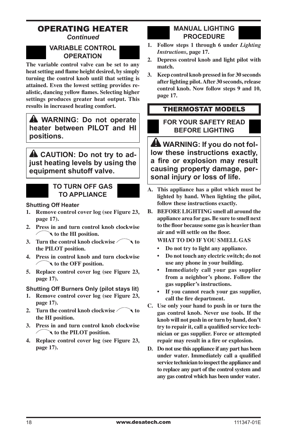 Operating heater | Desa CDL3924PT User Manual | Page 18 / 32