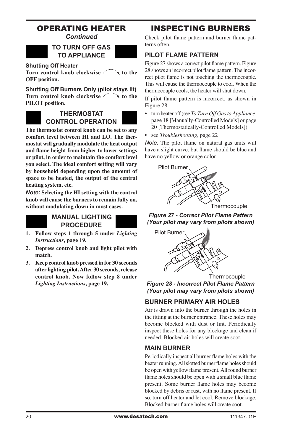 Inspecting burners, Operating heater | Desa CDL3924PT User Manual | Page 20 / 32