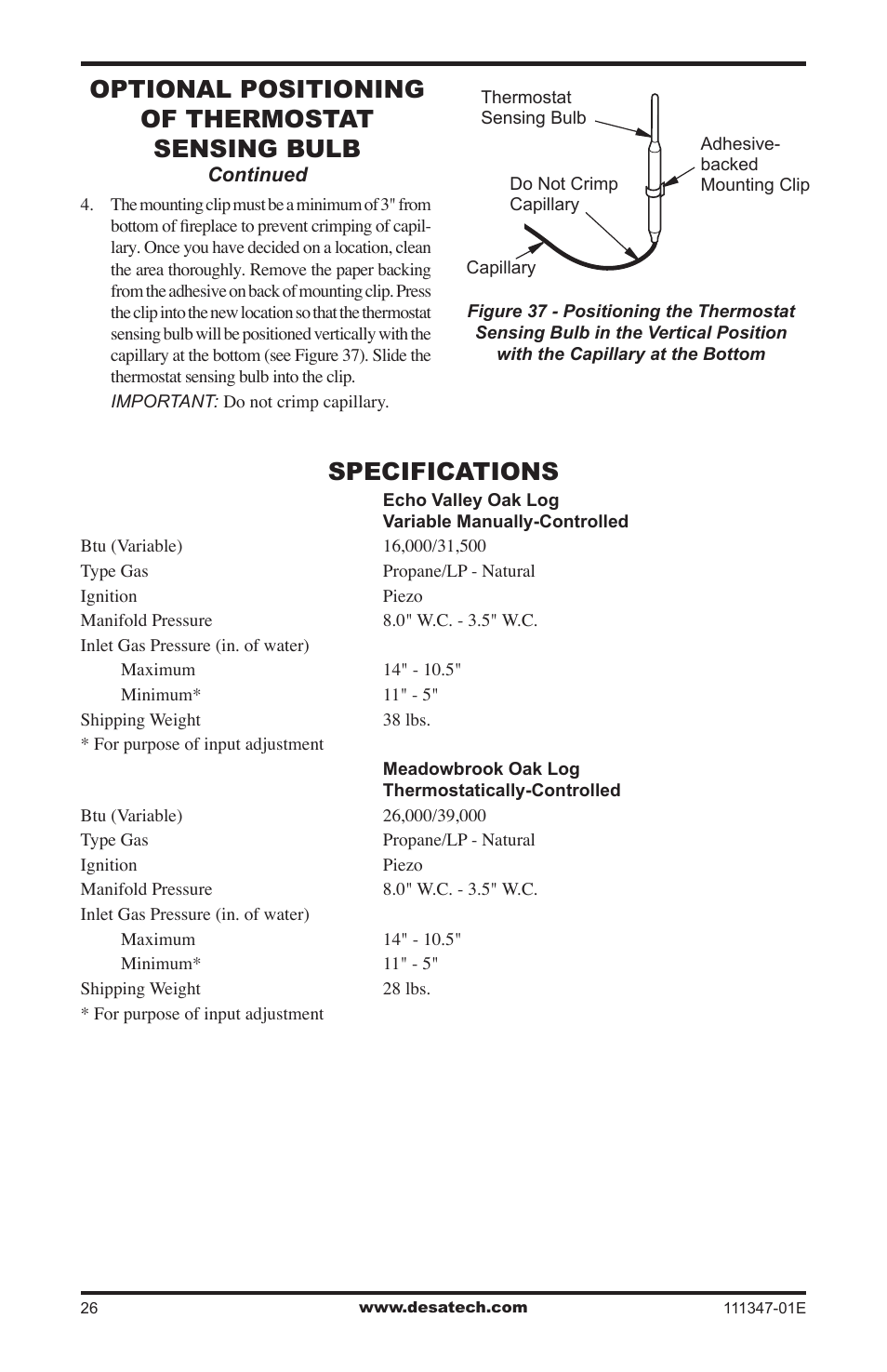 Specifications, Optional positioning of thermostat sensing bulb | Desa CDL3924PT User Manual | Page 26 / 32